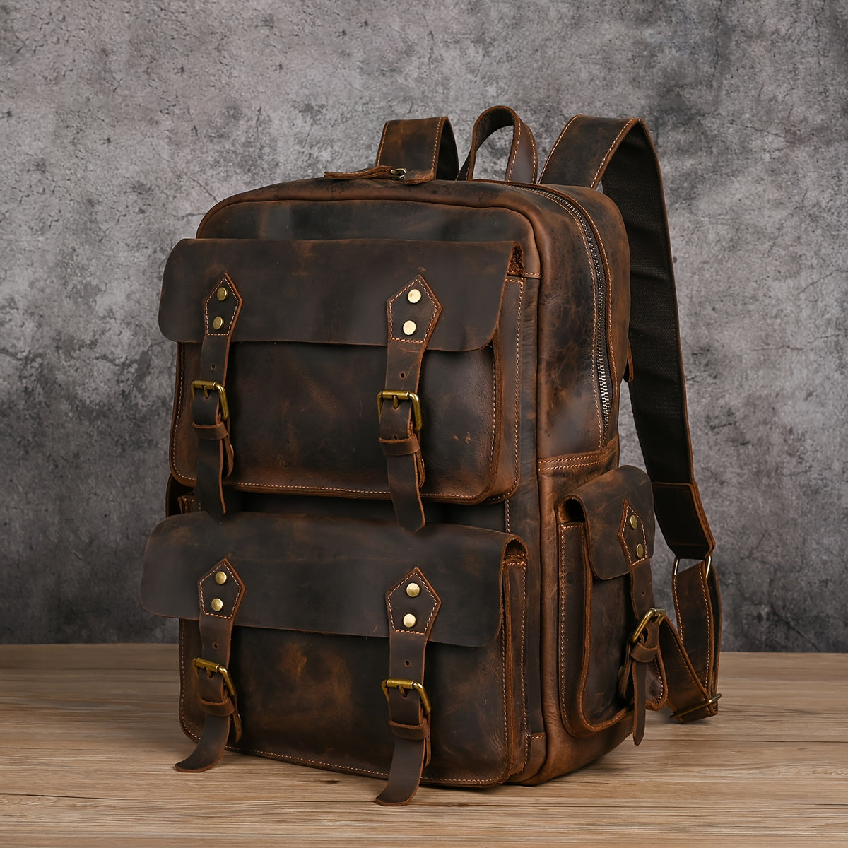 Mochila Masculina de Couro Crazy Horse Premium - 16 polegadas, Design Vintage Bicolor com Múltiplos Compartimentos & Alças Ajustáveis para o Dia a Dia, Mochila de Viagem