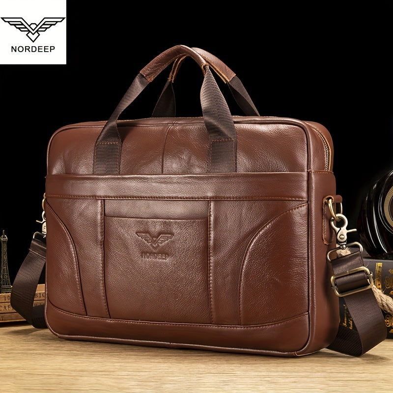 Mala de couro genuíno para homem da marca NORDEEP, mala de mão de couro de vaca, mochila multifuncional, bolsa de ombro casual e elegante, bolsa de mensageiro de couro de vaca de camada superior de grande capacidade, mala de negócios para laptop, bolsa de