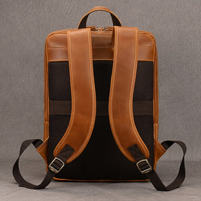 Mochila de Couro Genuíno Masculina - Capacidade Grande de 40.64cm, Estilo Retro Marrom com Múltiplos Compartimentos com Zíper, Bolsa Funcional para Negócios e Viagens para Passeios Casuais, Bolsa de Comutação | Design Funcional | Bolsa de Couro Durável