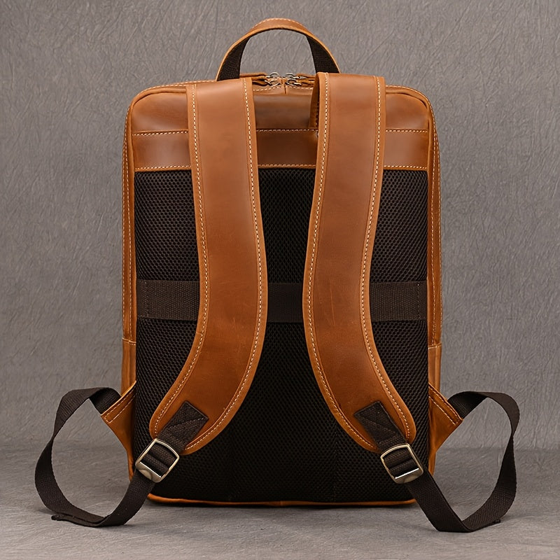 Mochila de Couro Genuíno Masculina - Capacidade Grande de 40.64cm, Estilo Retro Marrom com Múltiplos Compartimentos com Zíper, Bolsa Funcional para Negócios e Viagens para Passeios Casuais, Bolsa de Comutação | Design Funcional | Bolsa de Couro Durável