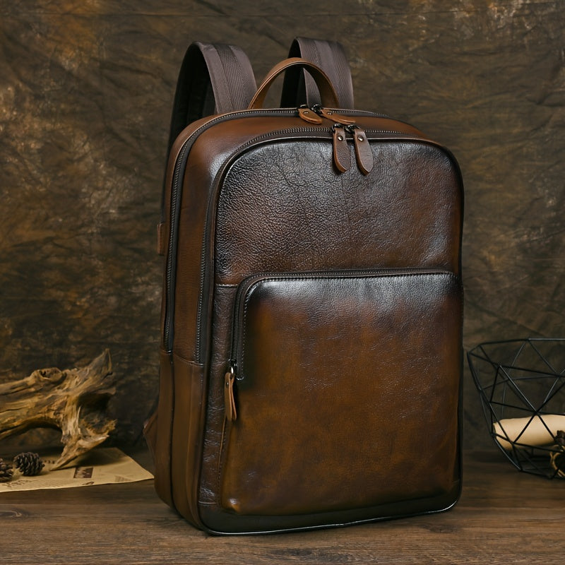 Mochila de couro genuíno para homem - Mala vintage para laptop com compartimento para laptop de 39,62 cm, bolso frontal com fecho de correr - Mochila profissional e diária marrom para trabalho, escola, viagens - Construção durável em couro de primeira qua