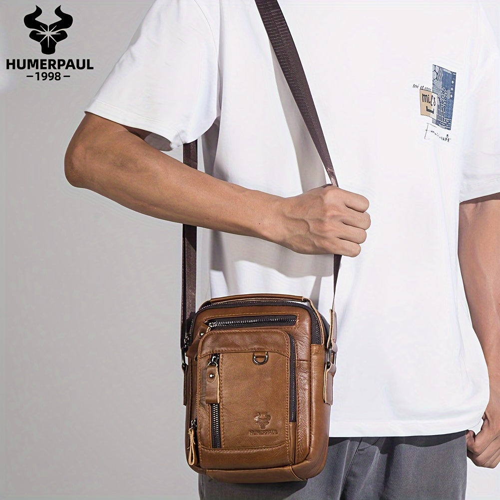 Moletom HUMERPAUL Masculino em Couro Genuíno - Mochila Transversal Conversível para Bolsa de Ombro, com Fecho Frontal e Alça Ajustável (100cm), Bolsos Laterais - Marrom Café para Negócios, Viagens ou Uso Diário - Design Durável e Fácil de Limpar