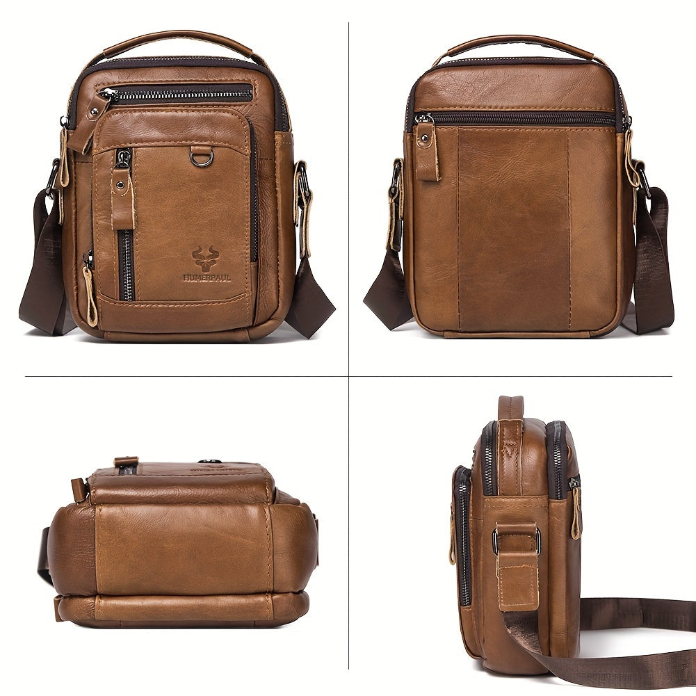 Moletom HUMERPAUL Masculino em Couro Genuíno - Mochila Transversal Conversível para Bolsa de Ombro, com Fecho Frontal e Alça Ajustável (100cm), Bolsos Laterais - Marrom Café para Negócios, Viagens ou Uso Diário - Design Durável e Fácil de Limpar