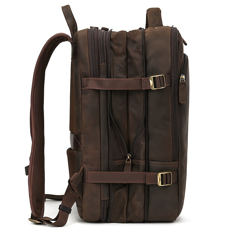 Mochila de Couro Vintage Crazy Horse para Homens, Grande Capacidade, Legítima, 43.18 cm, Mochila Expansível Multiuso, Camada Superior de Couro de Vaca, Mochila Casual de Viagem
