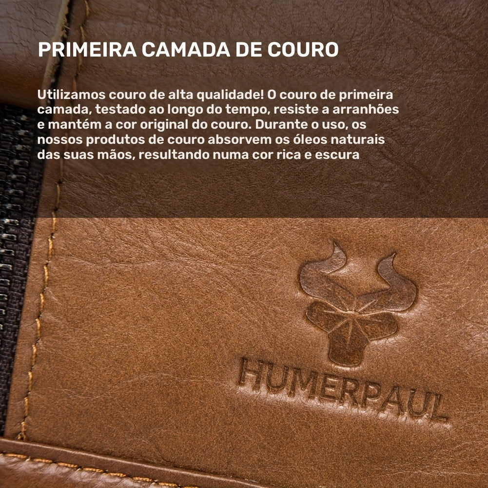Moletom HUMERPAUL Masculino em Couro Genuíno - Mochila Transversal Conversível para Bolsa de Ombro, com Fecho Frontal e Alça Ajustável (100cm), Bolsos Laterais - Marrom Café para Negócios, Viagens ou Uso Diário - Design Durável e Fácil de Limpar