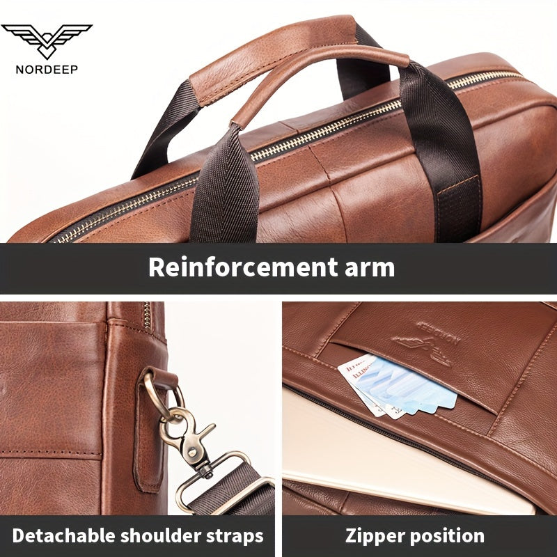 Mala de couro genuíno para homem da marca NORDEEP, mala de mão de couro de vaca, mochila multifuncional, bolsa de ombro casual e elegante, bolsa de mensageiro de couro de vaca de camada superior de grande capacidade, mala de negócios para laptop, bolsa de
