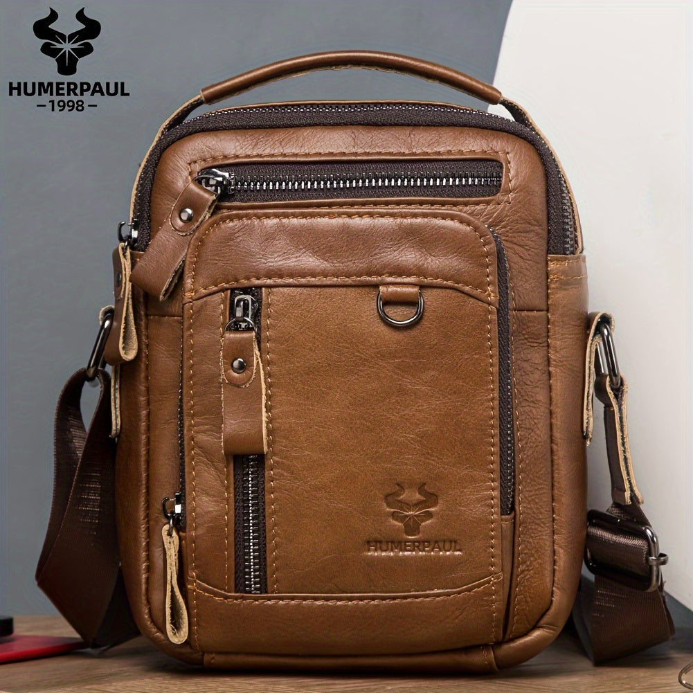 Moletom HUMERPAUL Masculino em Couro Genuíno - Mochila Transversal Conversível para Bolsa de Ombro, com Fecho Frontal e Alça Ajustável (100cm), Bolsos Laterais - Marrom Café para Negócios, Viagens ou Uso Diário - Design Durável e Fácil de Limpar