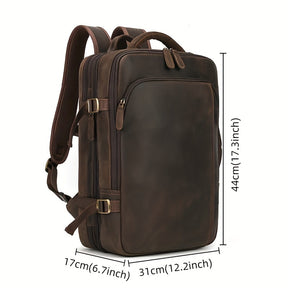 Mochila de Couro Vintage Crazy Horse para Homens, Grande Capacidade, Legítima, 43.18 cm, Mochila Expansível Multiuso, Camada Superior de Couro de Vaca, Mochila Casual de Viagem