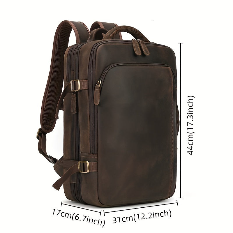 Mochila de Couro Vintage Crazy Horse para Homens, Grande Capacidade, Legítima, 43.18 cm, Mochila Expansível Multiuso, Camada Superior de Couro de Vaca, Mochila Casual de Viagem