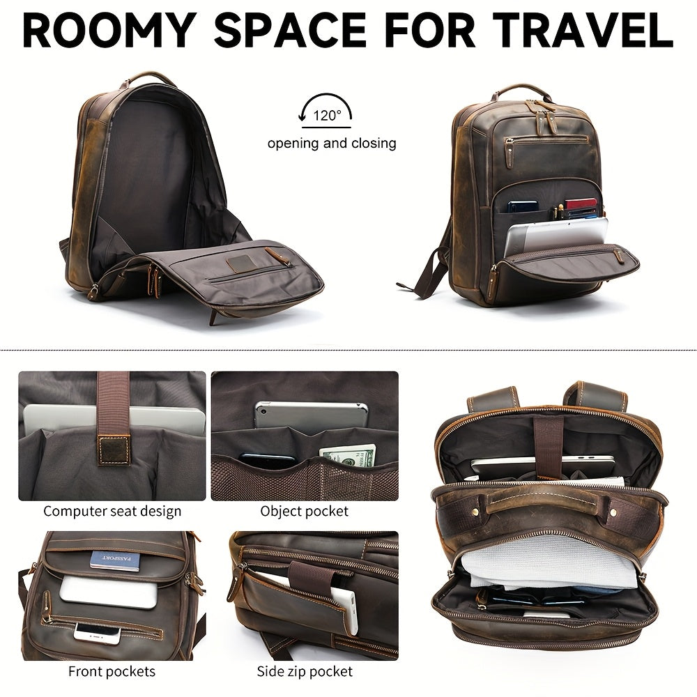 NIUCUNZH Mochila para Laptop de Couro Genuíno Masculina com Capacidade Grande de 40.64 cm - Caso Empresarial Casual, Couro Marrom Durável, Vários Compartimentos, Alças Ombro Ergonômicas para Caminhadas, Viagens e Uso Profissional, Mochila de Viagem