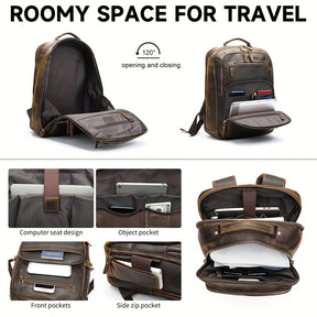 NIUCUNZH Mochila para Laptop de Couro Genuíno Masculina com Capacidade Grande de 40.64 cm - Caso Empresarial Casual, Couro Marrom Durável, Vários Compartimentos, Alças Ombro Ergonômicas para Caminhadas, Viagens e Uso Profissional, Mochila de Viagem