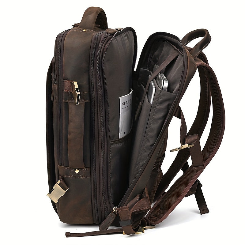 Mochila de Couro Vintage Crazy Horse para Homens, Grande Capacidade, Legítima, 43.18 cm, Mochila Expansível Multiuso, Camada Superior de Couro de Vaca, Mochila Casual de Viagem