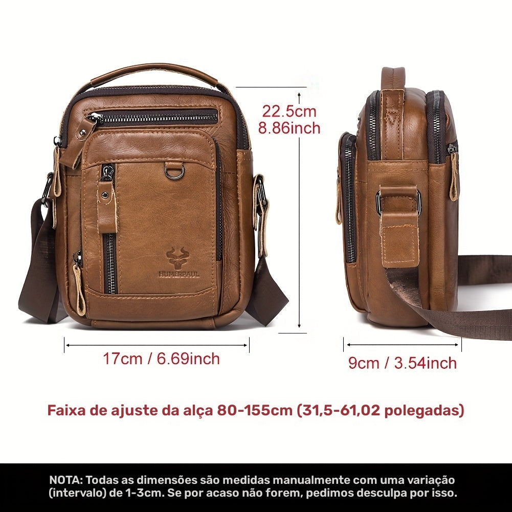 Moletom HUMERPAUL Masculino em Couro Genuíno - Mochila Transversal Conversível para Bolsa de Ombro, com Fecho Frontal e Alça Ajustável (100cm), Bolsos Laterais - Marrom Café para Negócios, Viagens ou Uso Diário - Design Durável e Fácil de Limpar