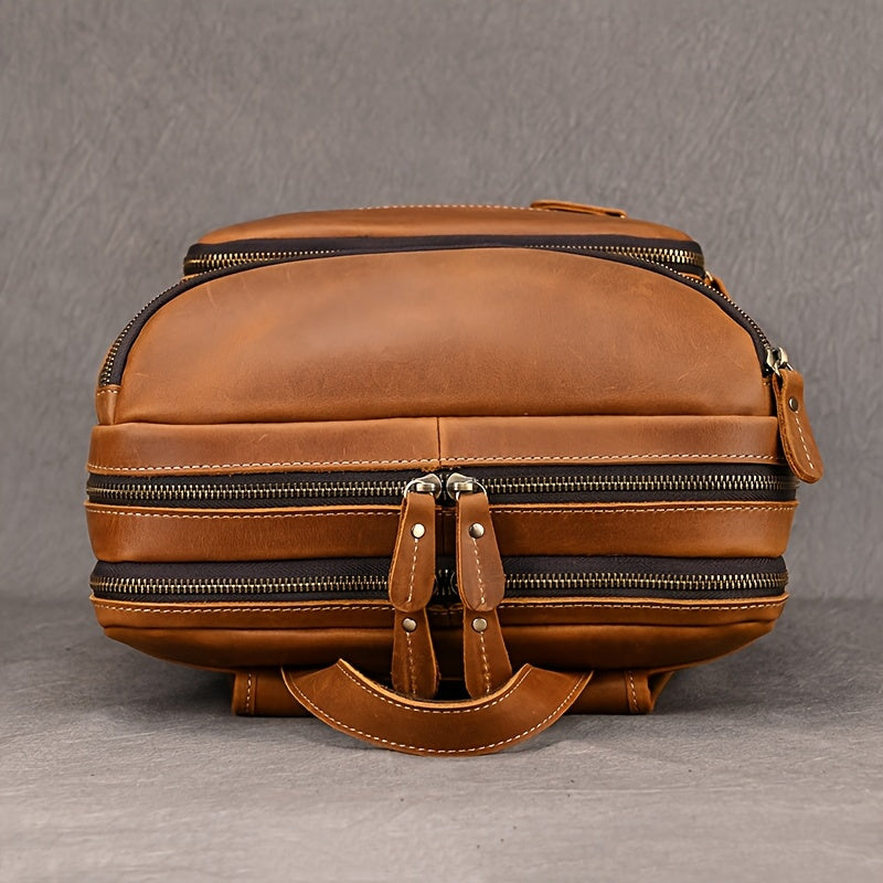 Mochila de Couro Genuíno Masculina - Capacidade Grande de 40.64cm, Estilo Retro Marrom com Múltiplos Compartimentos com Zíper, Bolsa Funcional para Negócios e Viagens para Passeios Casuais, Bolsa de Comutação | Design Funcional | Bolsa de Couro Durável