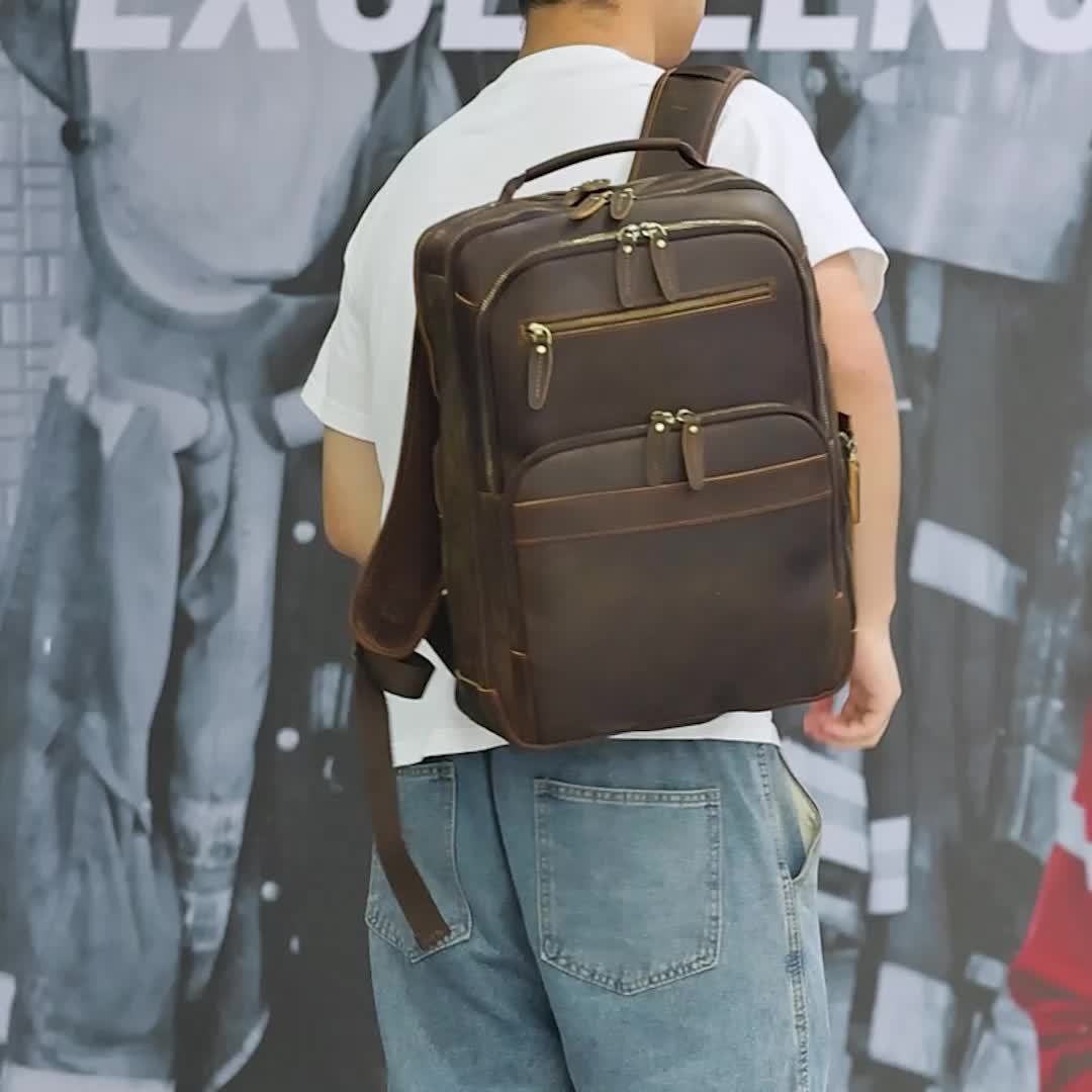 NIUCUNZH Mochila para Laptop de Couro Genuíno Masculina com Capacidade Grande de 40.64 cm - Caso Empresarial Casual, Couro Marrom Durável, Vários Compartimentos, Alças Ombro Ergonômicas para Caminhadas, Viagens e Uso Profissional, Mochila de Viagem