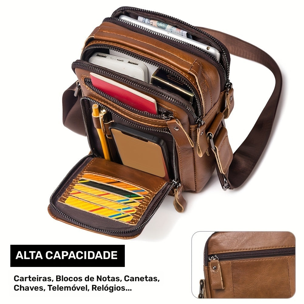 Moletom HUMERPAUL Masculino em Couro Genuíno - Mochila Transversal Conversível para Bolsa de Ombro, com Fecho Frontal e Alça Ajustável (100cm), Bolsos Laterais - Marrom Café para Negócios, Viagens ou Uso Diário - Design Durável e Fácil de Limpar