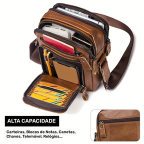 Moletom HUMERPAUL Masculino em Couro Genuíno - Mochila Transversal Conversível para Bolsa de Ombro, com Fecho Frontal e Alça Ajustável (100cm), Bolsos Laterais - Marrom Café para Negócios, Viagens ou Uso Diário - Design Durável e Fácil de Limpar