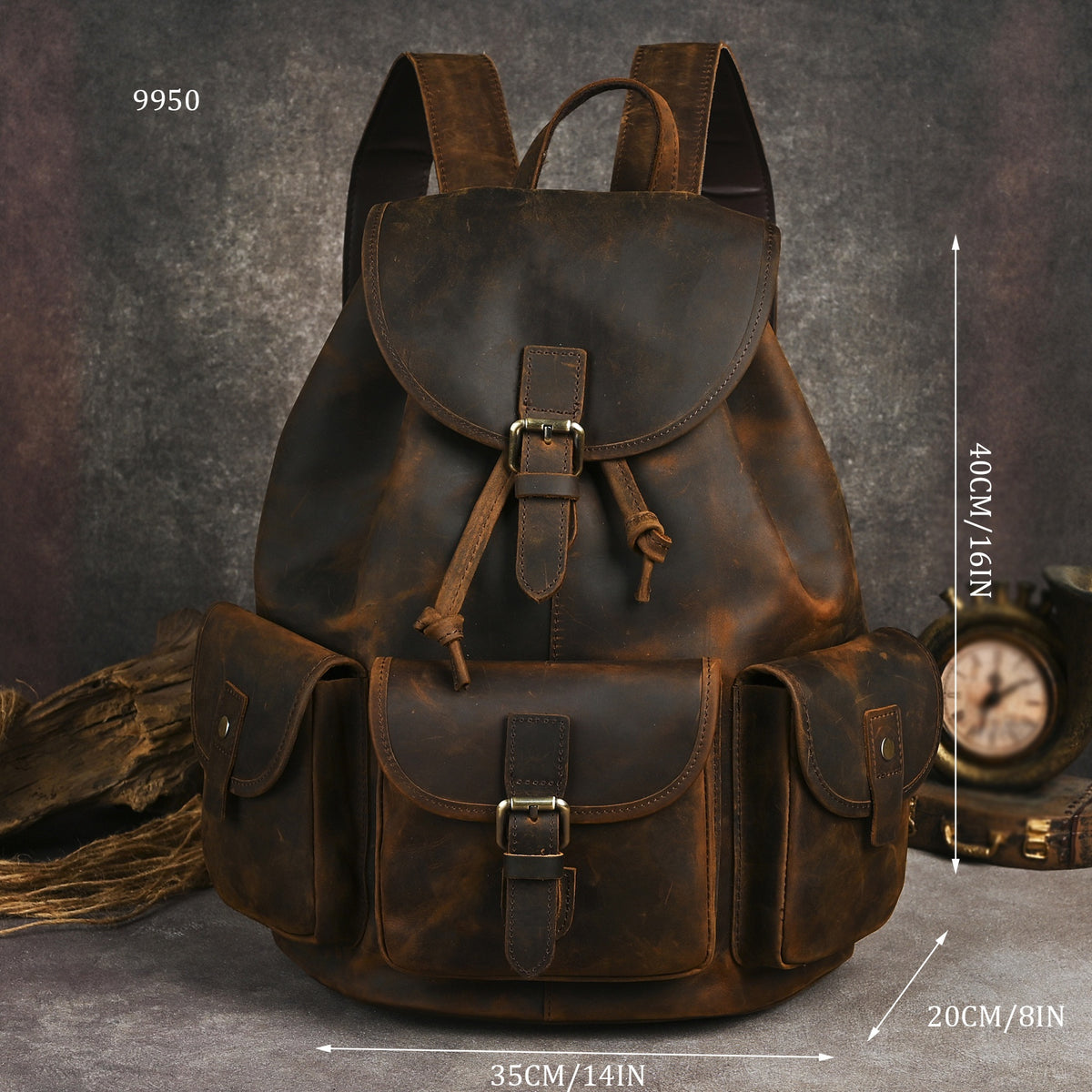 Mochila Masculina de Couro Crazy Horse Premium - 16 polegadas, Design Vintage Bicolor com Múltiplos Compartimentos & Alças Ajustáveis para o Dia a Dia, Mochila de Viagem