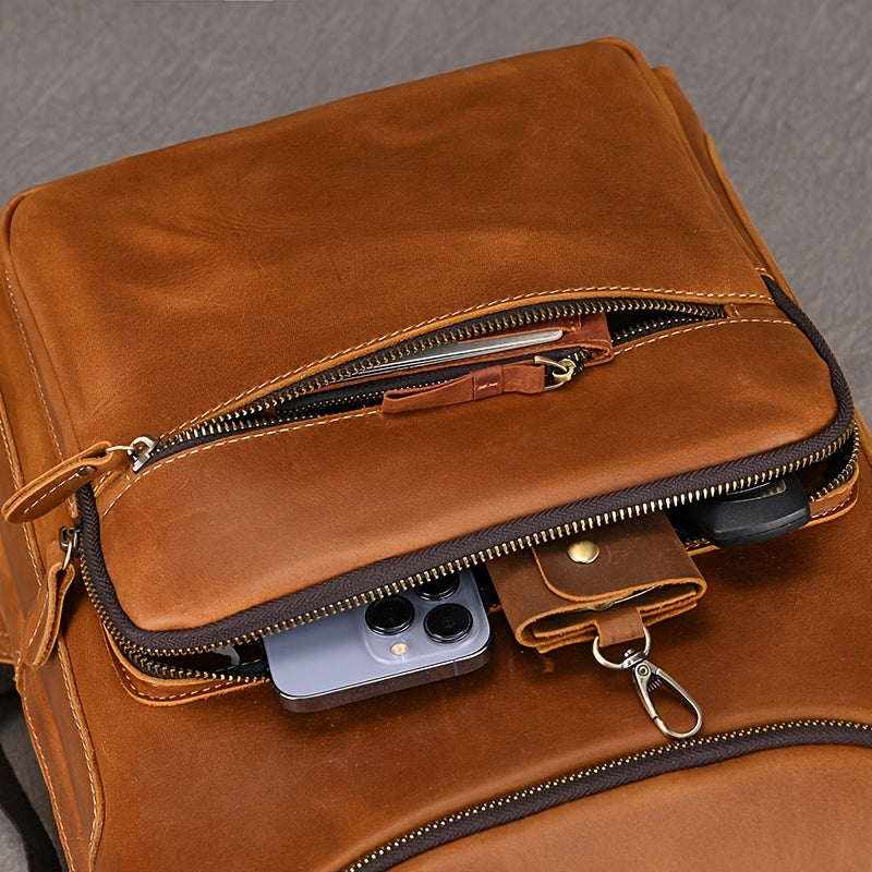 Mochila de Couro Genuíno Masculina - Capacidade Grande de 40.64cm, Estilo Retro Marrom com Múltiplos Compartimentos com Zíper, Bolsa Funcional para Negócios e Viagens para Passeios Casuais, Bolsa de Comutação | Design Funcional | Bolsa de Couro Durável