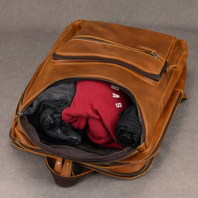Mochila de Couro Genuíno Masculina - Capacidade Grande de 40.64cm, Estilo Retro Marrom com Múltiplos Compartimentos com Zíper, Bolsa Funcional para Negócios e Viagens para Passeios Casuais, Bolsa de Comutação | Design Funcional | Bolsa de Couro Durável