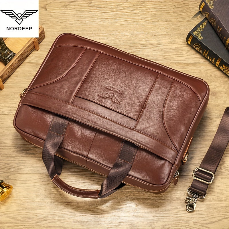 Mala de couro genuíno para homem da marca NORDEEP, mala de mão de couro de vaca, mochila multifuncional, bolsa de ombro casual e elegante, bolsa de mensageiro de couro de vaca de camada superior de grande capacidade, mala de negócios para laptop, bolsa de