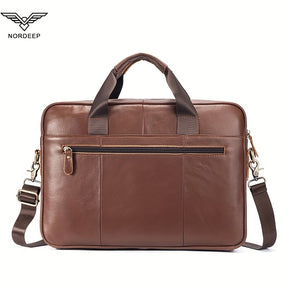 Mala de couro genuíno para homem da marca NORDEEP, mala de mão de couro de vaca, mochila multifuncional, bolsa de ombro casual e elegante, bolsa de mensageiro de couro de vaca de camada superior de grande capacidade, mala de negócios para laptop, bolsa de