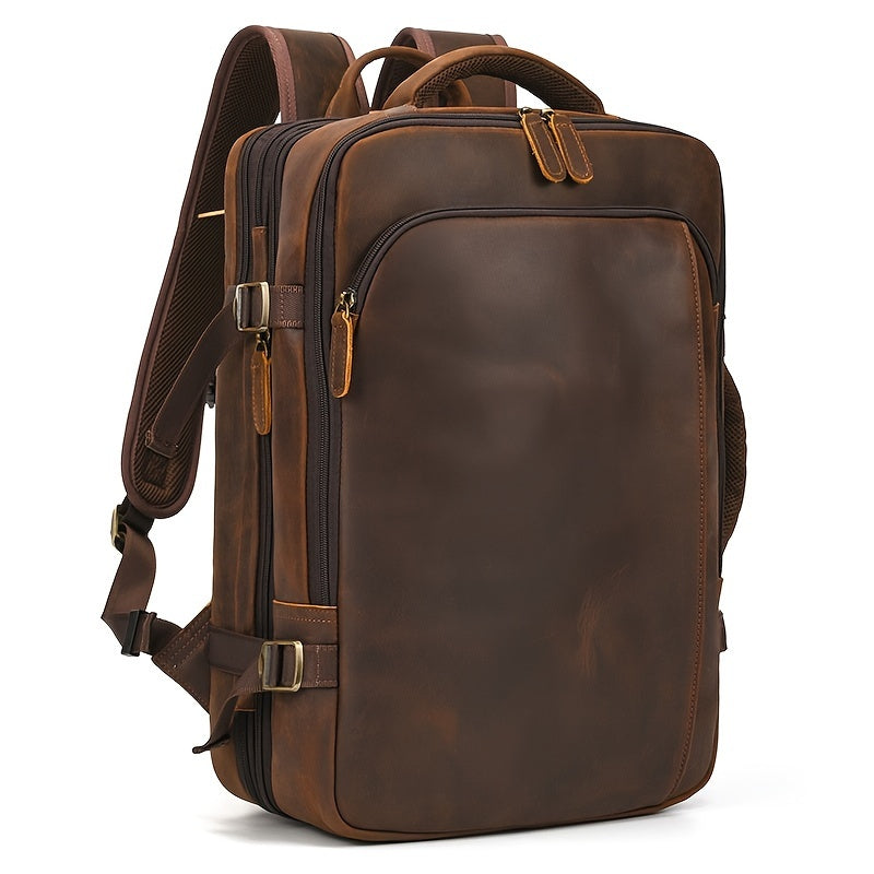Mochila de Couro Vintage Crazy Horse para Homens, Grande Capacidade, Legítima, 43.18 cm, Mochila Expansível Multiuso, Camada Superior de Couro de Vaca, Mochila Casual de Viagem