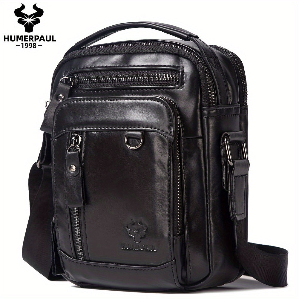 Moletom HUMERPAUL Masculino em Couro Genuíno - Mochila Transversal Conversível para Bolsa de Ombro, com Fecho Frontal e Alça Ajustável (100cm), Bolsos Laterais - Marrom Café para Negócios, Viagens ou Uso Diário - Design Durável e Fácil de Limpar