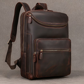 Mochila de Couro Genuíno Masculina - Capacidade Grande de 40.64cm, Estilo Retro Marrom com Múltiplos Compartimentos com Zíper, Bolsa Funcional para Negócios e Viagens para Passeios Casuais, Bolsa de Comutação | Design Funcional | Bolsa de Couro Durável