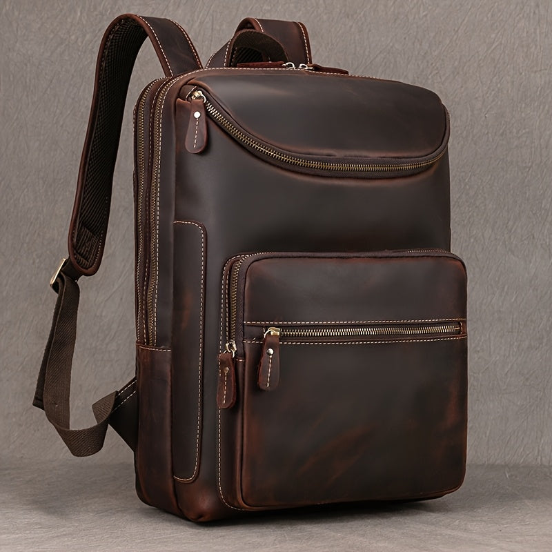 Mochila de Couro Genuíno Masculina - Capacidade Grande de 40.64cm, Estilo Retro Marrom com Múltiplos Compartimentos com Zíper, Bolsa Funcional para Negócios e Viagens para Passeios Casuais, Bolsa de Comutação | Design Funcional | Bolsa de Couro Durável