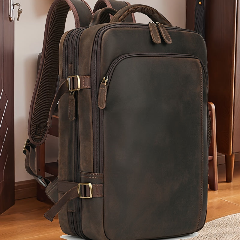Mochila de Couro Vintage Crazy Horse para Homens, Grande Capacidade, Legítima, 43.18 cm, Mochila Expansível Multiuso, Camada Superior de Couro de Vaca, Mochila Casual de Viagem