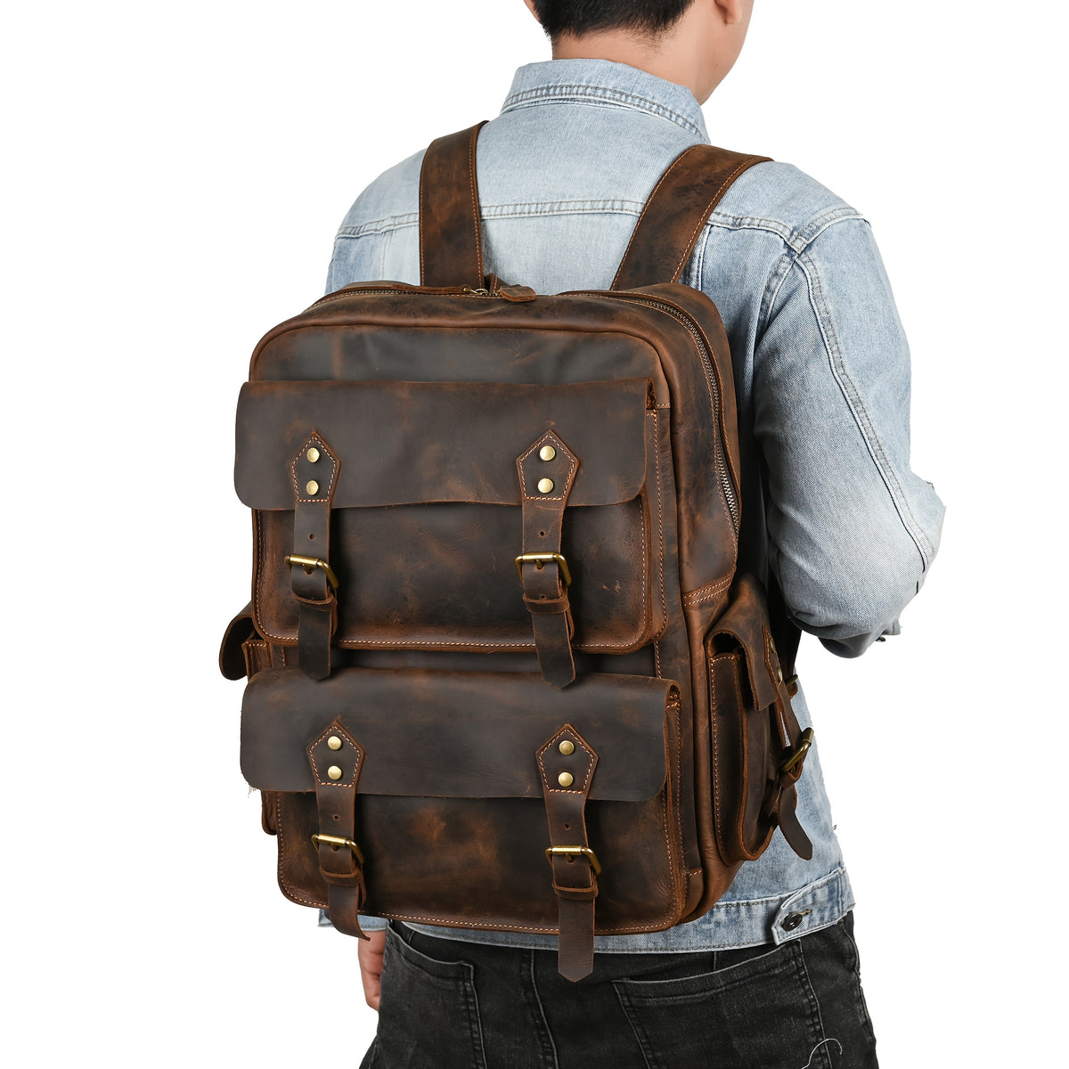 Mochila Masculina de Couro Crazy Horse Premium - 16 polegadas, Design Vintage Bicolor com Múltiplos Compartimentos & Alças Ajustáveis para o Dia a Dia, Mochila de Viagem