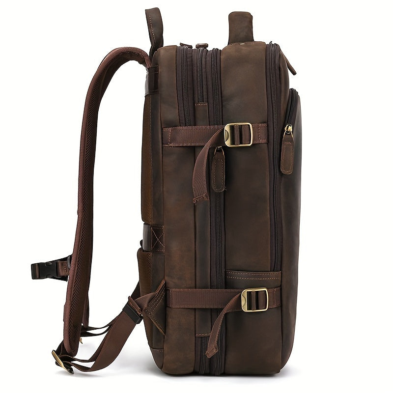 Mochila de Couro Vintage Crazy Horse para Homens, Grande Capacidade, Legítima, 43.18 cm, Mochila Expansível Multiuso, Camada Superior de Couro de Vaca, Mochila Casual de Viagem