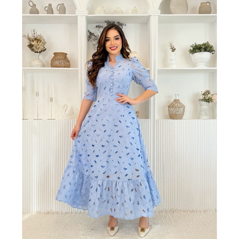 Vestido Longo com Gola V e Forro em Algodão