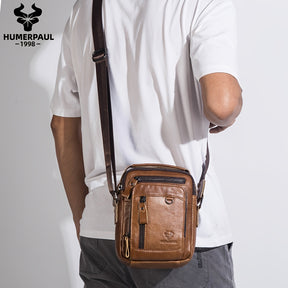 Moletom HUMERPAUL Masculino em Couro Genuíno - Mochila Transversal Conversível para Bolsa de Ombro, com Fecho Frontal e Alça Ajustável (100cm), Bolsos Laterais - Marrom Café para Negócios, Viagens ou Uso Diário - Design Durável e Fácil de Limpar