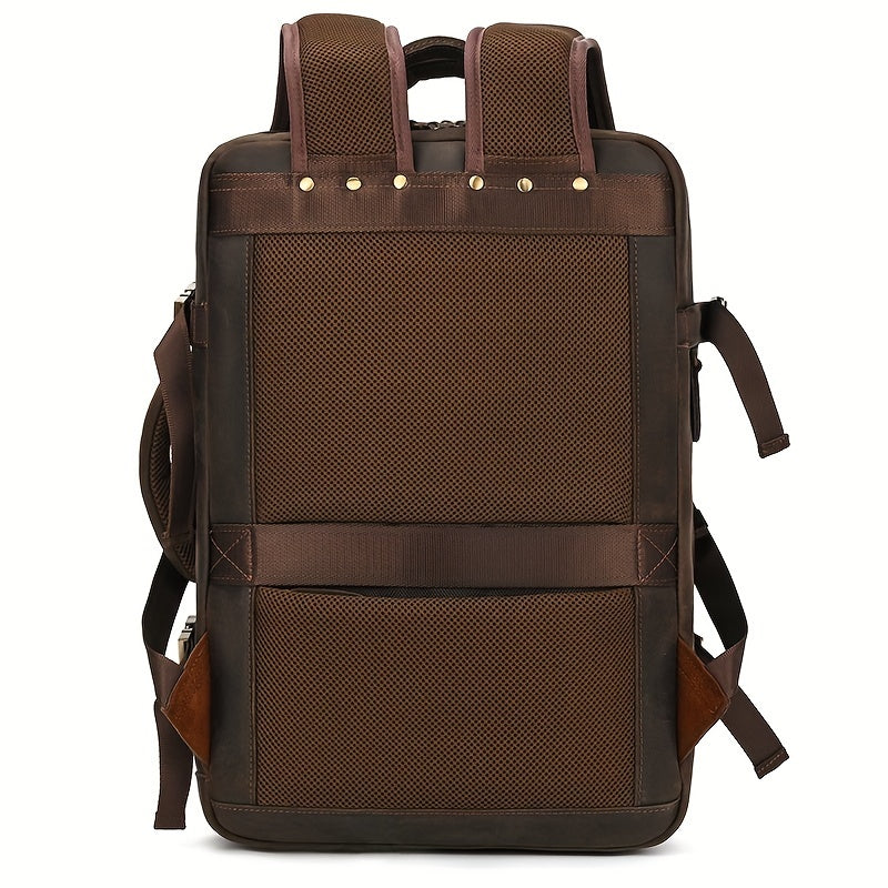 Mochila de Couro Vintage Crazy Horse para Homens, Grande Capacidade, Legítima, 43.18 cm, Mochila Expansível Multiuso, Camada Superior de Couro de Vaca, Mochila Casual de Viagem