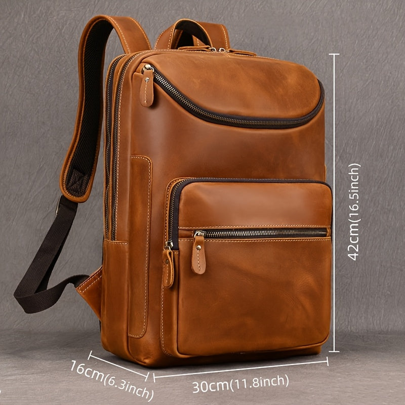 Mochila de Couro Genuíno Masculina - Capacidade Grande de 40.64cm, Estilo Retro Marrom com Múltiplos Compartimentos com Zíper, Bolsa Funcional para Negócios e Viagens para Passeios Casuais, Bolsa de Comutação | Design Funcional | Bolsa de Couro Durável