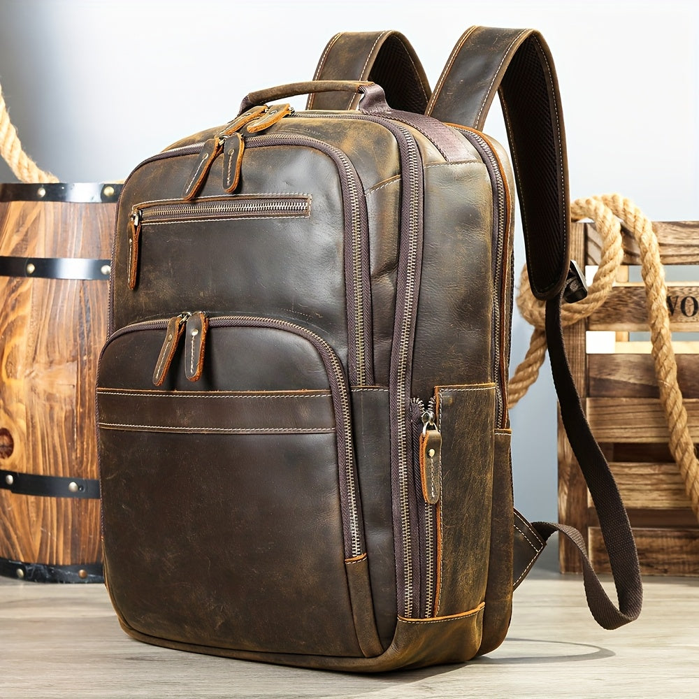 NIUCUNZH Mochila para Laptop de Couro Genuíno Masculina com Capacidade Grande de 40.64 cm - Caso Empresarial Casual, Couro Marrom Durável, Vários Compartimentos, Alças Ombro Ergonômicas para Caminhadas, Viagens e Uso Profissional, Mochila de Viagem