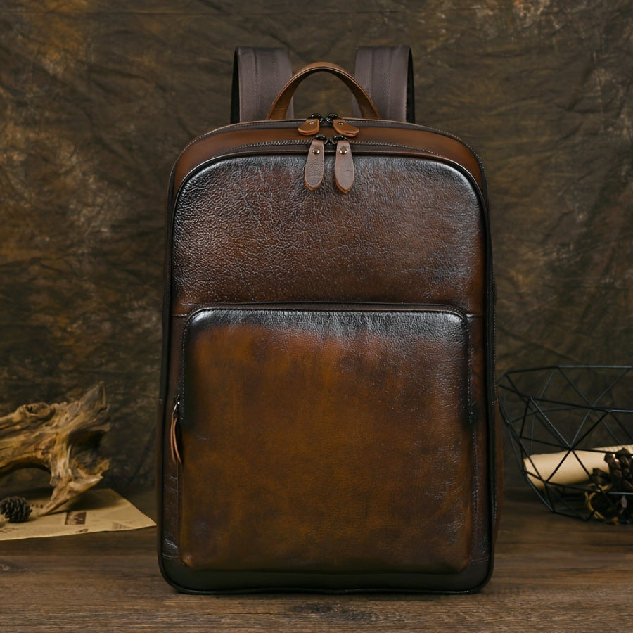 Mochila de couro genuíno para homem - Mala vintage para laptop com compartimento para laptop de 39,62 cm, bolso frontal com fecho de correr - Mochila profissional e diária marrom para trabalho, escola, viagens - Construção durável em couro de primeira qua