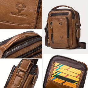Moletom HUMERPAUL Masculino em Couro Genuíno - Mochila Transversal Conversível para Bolsa de Ombro, com Fecho Frontal e Alça Ajustável (100cm), Bolsos Laterais - Marrom Café para Negócios, Viagens ou Uso Diário - Design Durável e Fácil de Limpar
