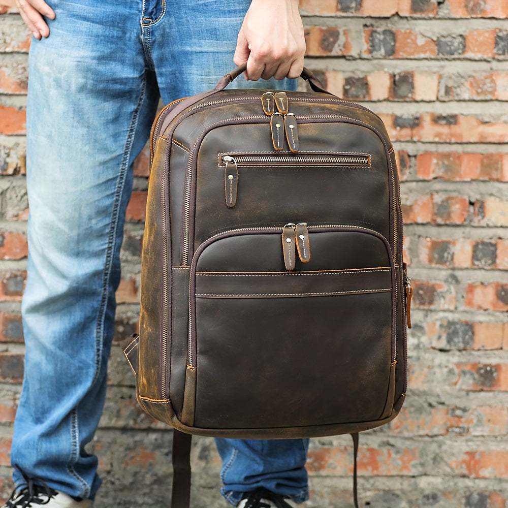 NIUCUNZH Mochila para Laptop de Couro Genuíno Masculina com Capacidade Grande de 40.64 cm - Caso Empresarial Casual, Couro Marrom Durável, Vários Compartimentos, Alças Ombro Ergonômicas para Caminhadas, Viagens e Uso Profissional, Mochila de Viagem