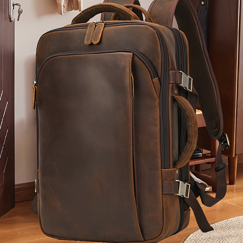Mochila de Couro Vintage Crazy Horse para Homens, Grande Capacidade, Legítima, 43.18 cm, Mochila Expansível Multiuso, Camada Superior de Couro de Vaca, Mochila Casual de Viagem