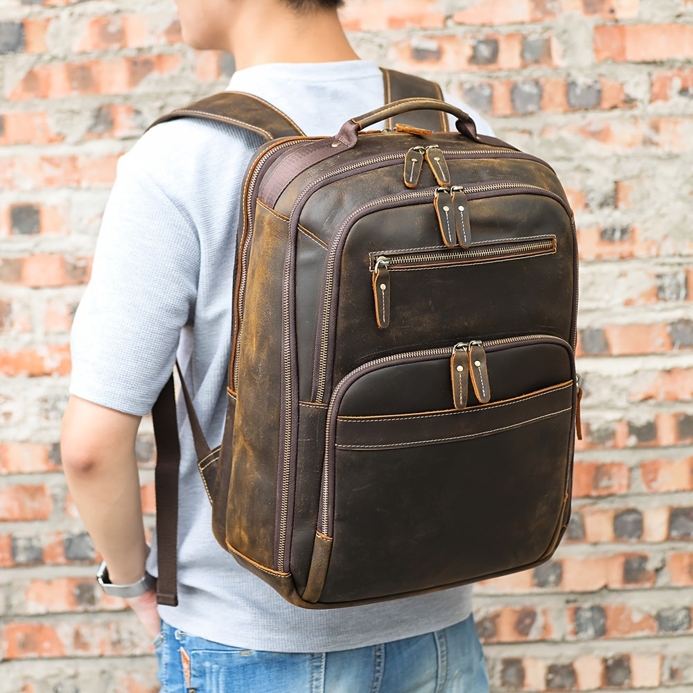 NIUCUNZH Mochila para Laptop de Couro Genuíno Masculina com Capacidade Grande de 40.64 cm - Caso Empresarial Casual, Couro Marrom Durável, Vários Compartimentos, Alças Ombro Ergonômicas para Caminhadas, Viagens e Uso Profissional, Mochila de Viagem