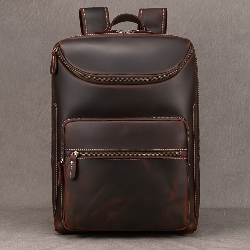 Mochila de Couro Genuíno Masculina - Capacidade Grande de 40.64cm, Estilo Retro Marrom com Múltiplos Compartimentos com Zíper, Bolsa Funcional para Negócios e Viagens para Passeios Casuais, Bolsa de Comutação | Design Funcional | Bolsa de Couro Durável