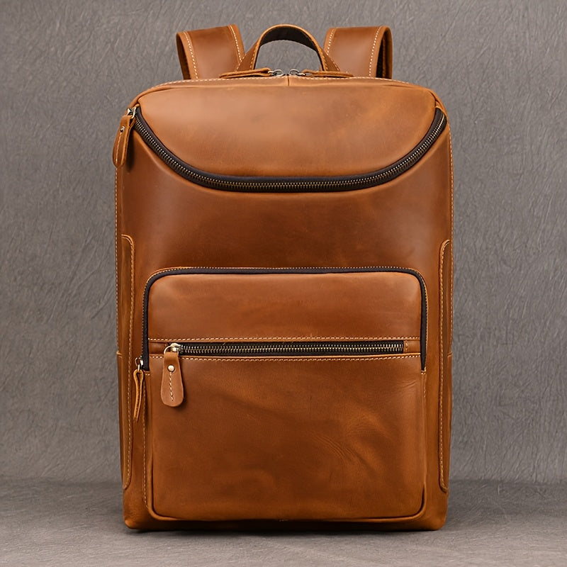 Mochila de Couro Genuíno Masculina - Capacidade Grande de 40.64cm, Estilo Retro Marrom com Múltiplos Compartimentos com Zíper, Bolsa Funcional para Negócios e Viagens para Passeios Casuais, Bolsa de Comutação | Design Funcional | Bolsa de Couro Durável